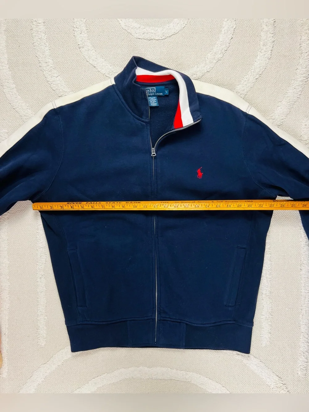Polo Ralph Lauren Navy Track Jacket with Cream Sleeve Stripes – Size L